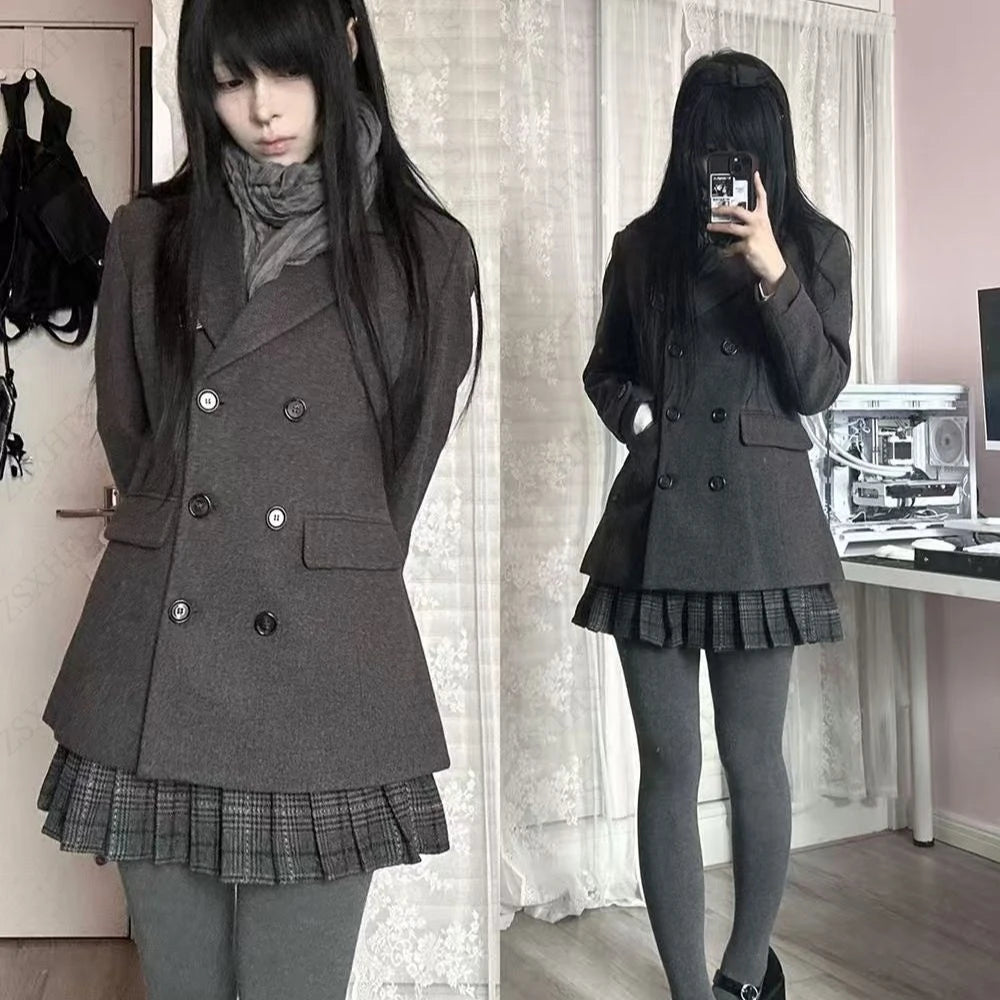 Women's Fashion Casual Little suit Flip Collar Double breasted Buttons Woolen Jackets Winter Female High Street Chic Streetwear