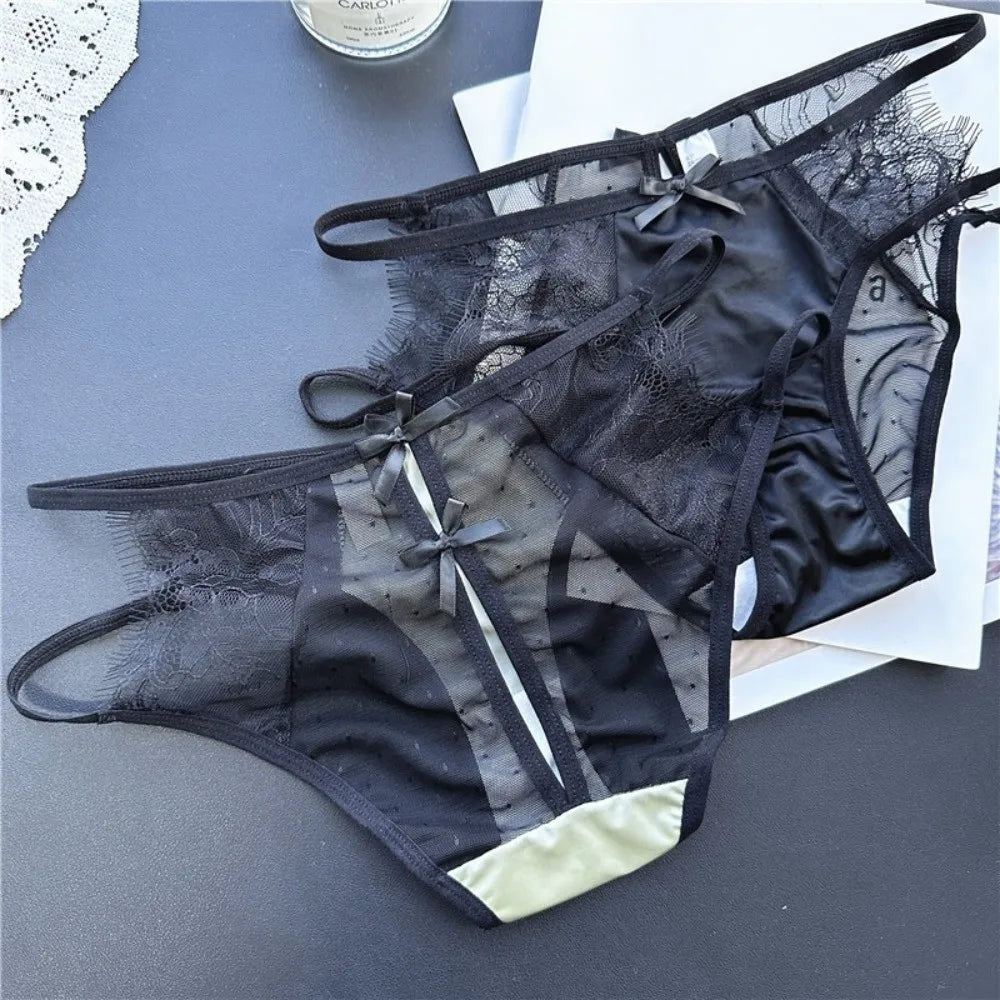 Cute Low Waist Underwear for Women Bow Transparent Sweet Lace Panties Hollow Mesh Satin Silk Briefs Female