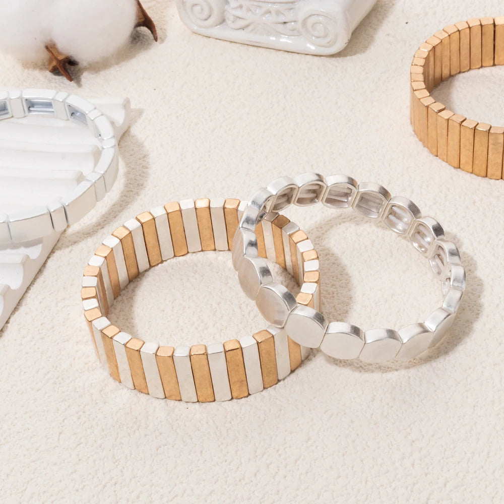 Gold Sliver Color Beaded Bangle For Women Handmade Elastic Beads Bracelets