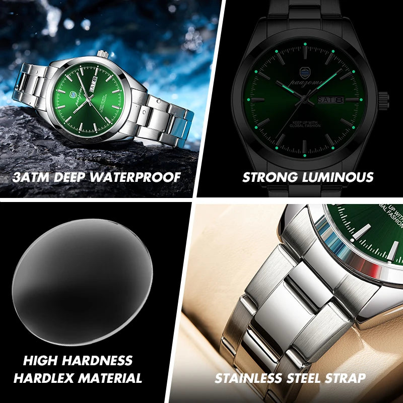 PAAZOMU Fashion Men's Quartz Watch Luminous Hands Date Week Stainless Steel Strap Waterproof Casual Wristwatch Quartz Men Watch