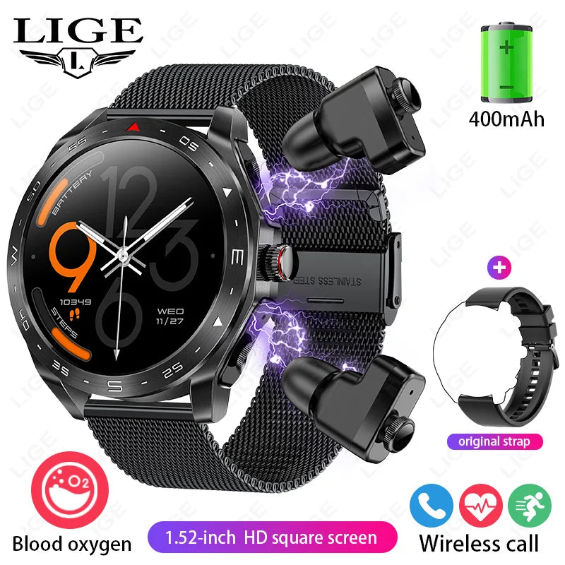Smart Watch with Earbuds 1.52 inch HD Screen Fitness Tracker Sleep Monitor Pedometer All-in-one Local Music TWS Music Smartwatch