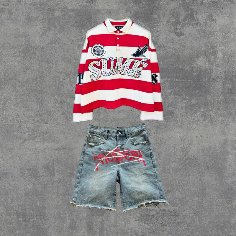 2 Pcs Shirts Co-ords Sume Rugby Diamond Embroidery Stripe Polo Shirt Y2K Retro Classic Unisex Oversized Long Sleeved Shirts Sets