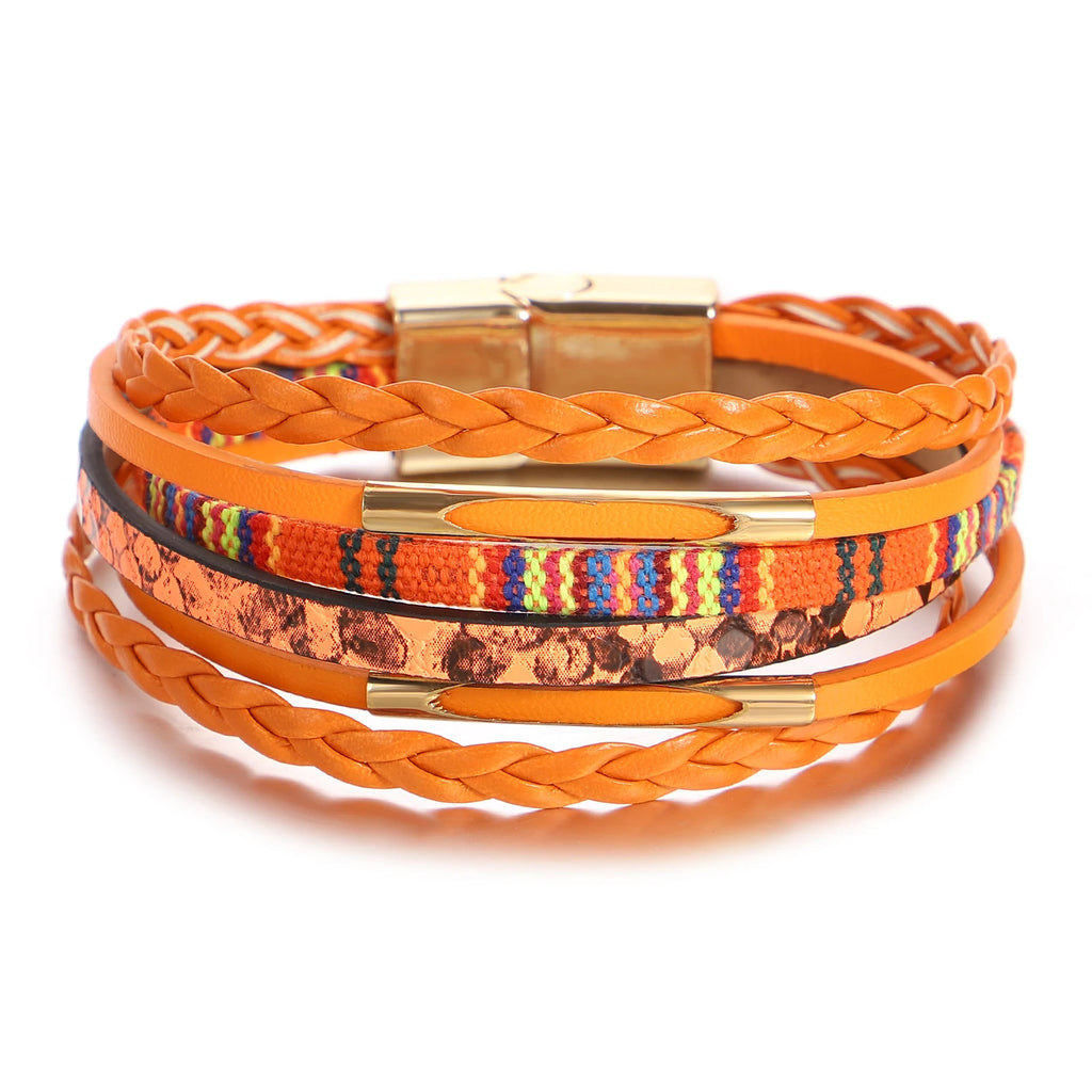 Amorcome Retro Tree of Life Orange Leather Bracelet Women Fashion Rhinestone Imitation Pearl Multi Layer Wove Bracelet Gifts