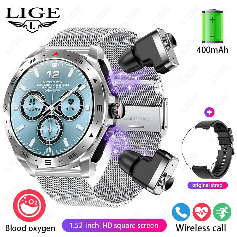 Smart Watch with Earbuds 1.52 inch HD Screen Fitness Tracker Sleep Monitor Pedometer All-in-one Local Music TWS Music Smartwatch