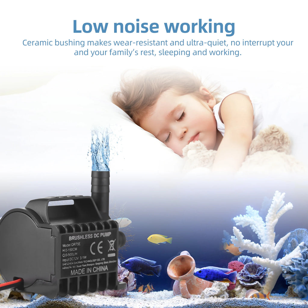 Submersible 12V Water Pump Electric 330L/H Small Fountain Pump with Max 6.5ft Lift, 1.6ft Wire and Suction Cup Base, Portable