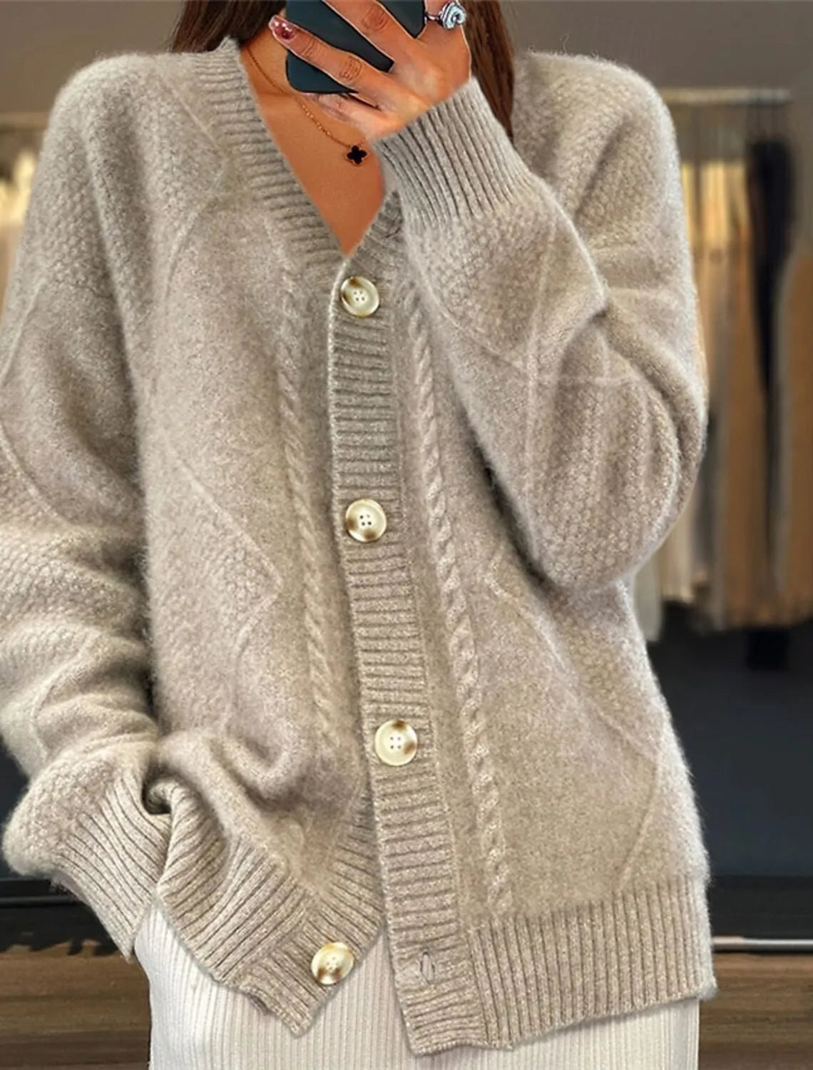 Women V Neck Cable Knit Cardigan Fuzzy Soft Long Sleeve Button Down Loose Casual Fall Winter Pocket Sweater Coat