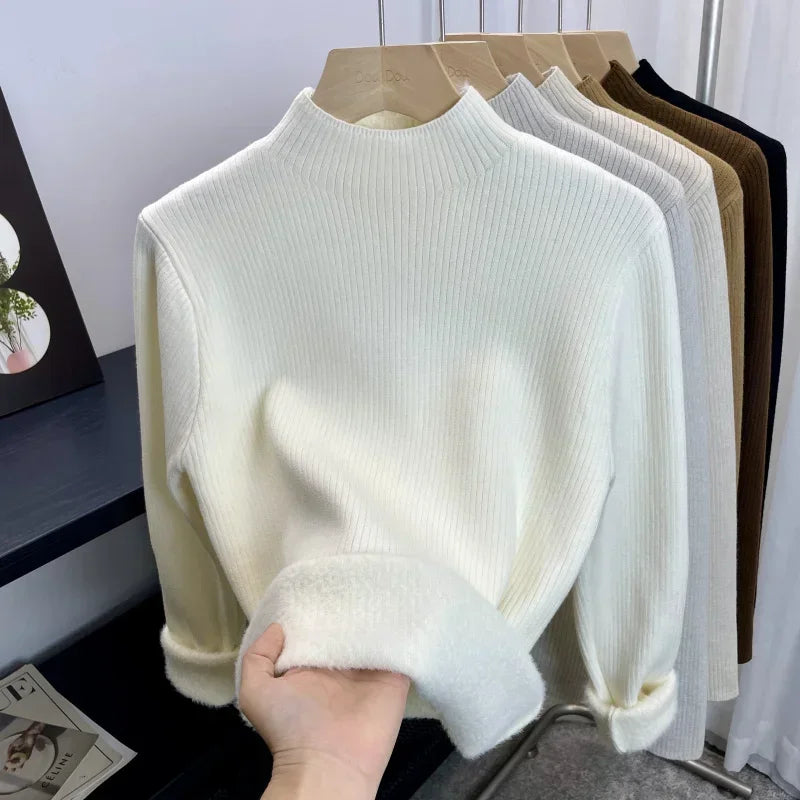 Turtleneck Winter Sweater Women Elegant Thicken Velvet Lined Warm Sueter Knitted Pullover Slim Tops Jersey Knitwear Jumper New