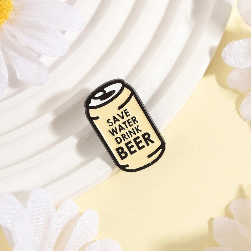 Humor Cartoon Can Enamel Pins Save Water Drink Beer Metal Brooches Fashion Lapel Badge Backpack Clothes Jewelry Gift for Friends