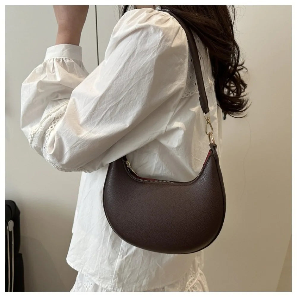 Casual PU Leather Shoulder Bag Moon-shaped Large Capacity Underarm Bag Solid Color Tote Handbag Women's Handbags