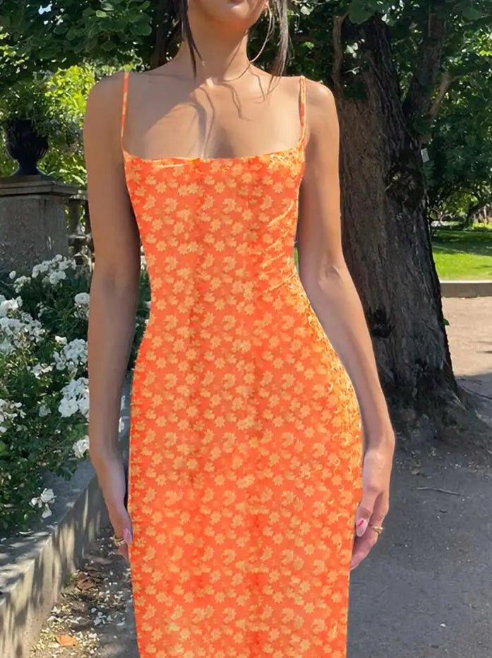 Y2K Floral Print Spaghetti Strap Bodycon Sundress Deep V Neck Long Dress Sexy Backless Summer Dresses Streetwear