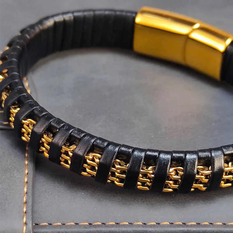 New Fashion 8mm Chain Curb Cuban Link Charm Leather Bracelets Men Stainless Steel Magnet Clasp Hand Bracelet Homme Men's Gifts