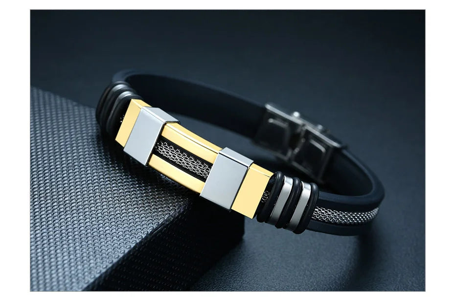 Vnox Stainless Steel Bracelet Men Wrist Band Black Grooved Rudder Silicone Mesh Link Insert Punk Wristband Stylish Casual Bangle