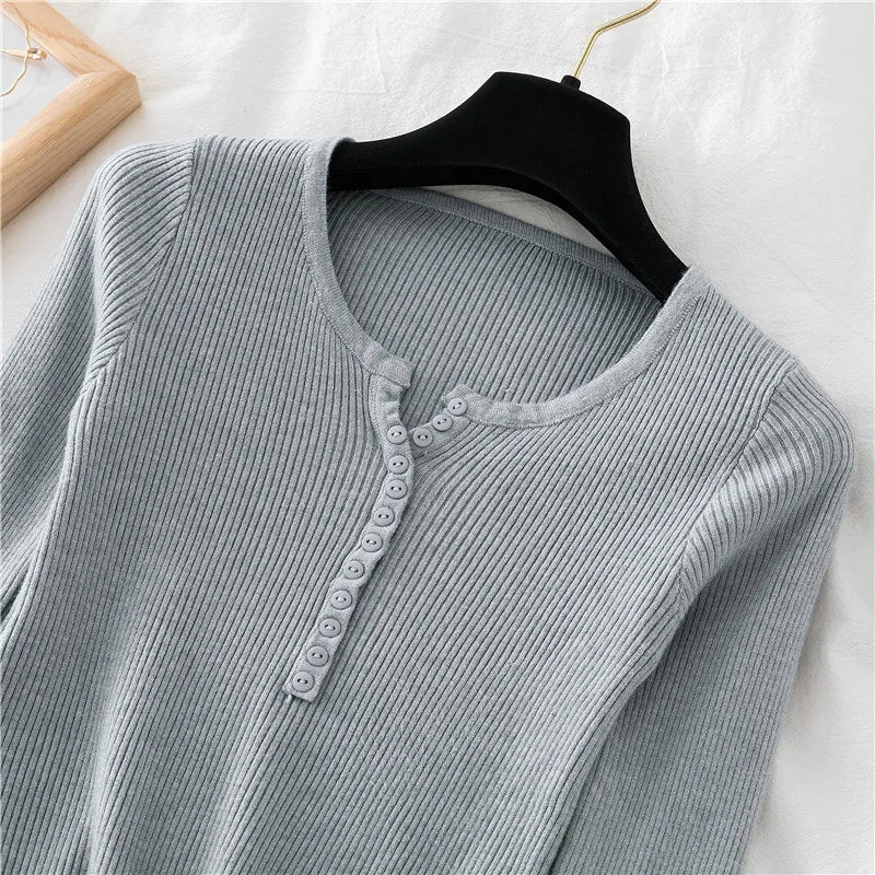 2026 Autumn Winter Button V Neck Sweater Women Basic Slim Pullover Women Sweaters And Pullovers Knit Jumper Soft Warm Tops