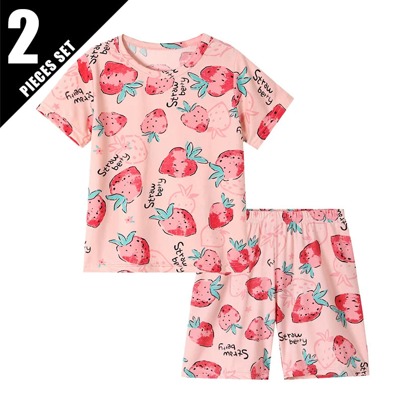 2-pcs Children's Summer Fashion Print Home Clothes Suit Boy Comfortable Joker Dinosaur Short-sleeved Girl Sweet Pink Shorts Suit