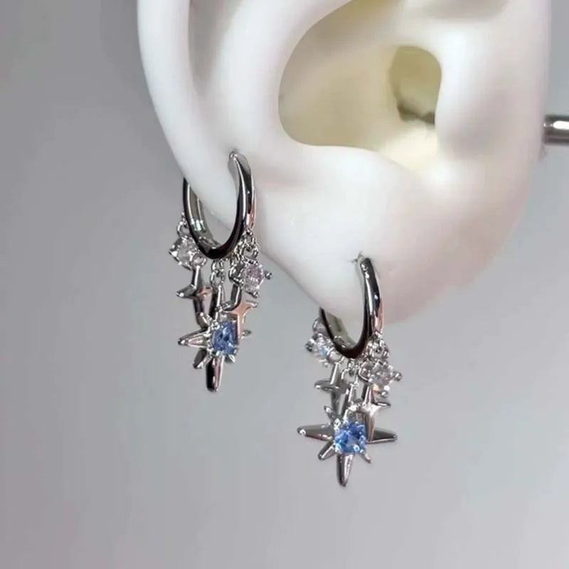 New Y2K Blue Zircon Star Tassel Pendant Earrings For Women Men Silver Color Ear Buckle Jewelry Gift Accessories Wholesale Sales
