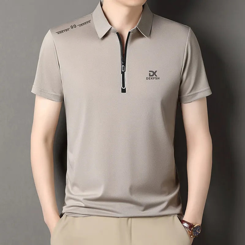 New Men's Business Casual Zipper Short Sleeve Solid Color Polo Shirt Fashionable Warm Comfortable Four Seasons Versatile Top