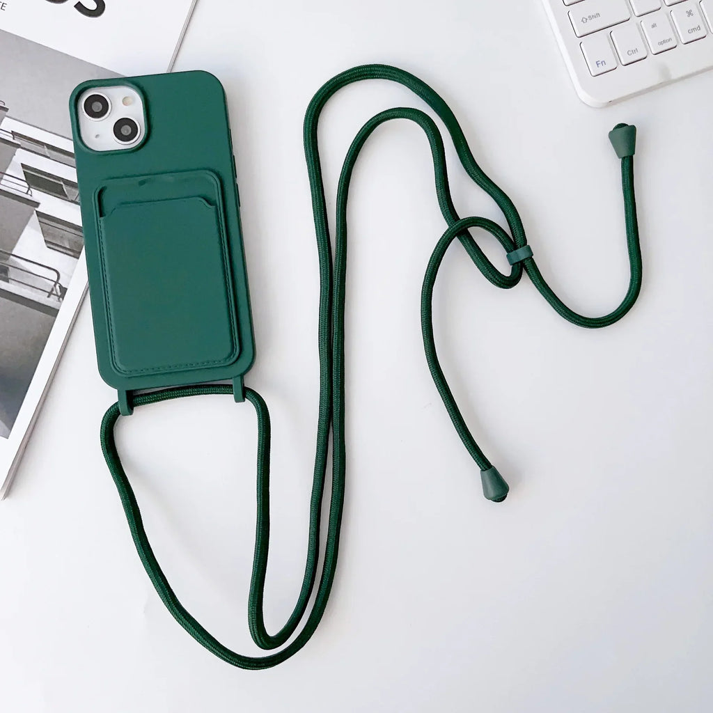 Crossboby Lanyard Rope Phone Case with Card Holder For iPhone 17 16 E 15 14 13 12 11 Pro Max Necklace Strap Soft Silicone Cover