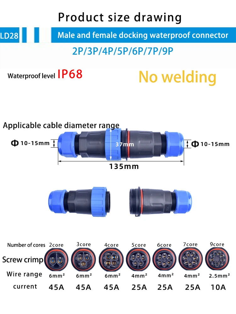 IP68 Waterproof Male Female Electrical Connector LD Series2/3/4/5/6/7/9-Pin Panel-Mount Screw Wire Cable Aviation Plug Connector