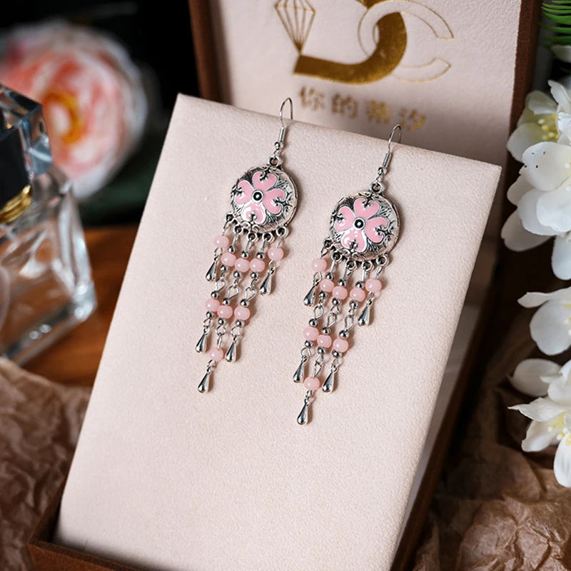 Vintage Ethnic Style Metal Tassel Water Drop Earrings for Women Round Drop Glaze Crystal Beads Handmade Earring Female Jewelry