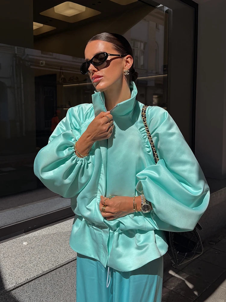 Shiny Fabric Jacket High Stand Collar Oversized Puff Sleeve Drawstring Cropped Hem 2026 Autumn Fashion Daily Lady Sweet Jacket