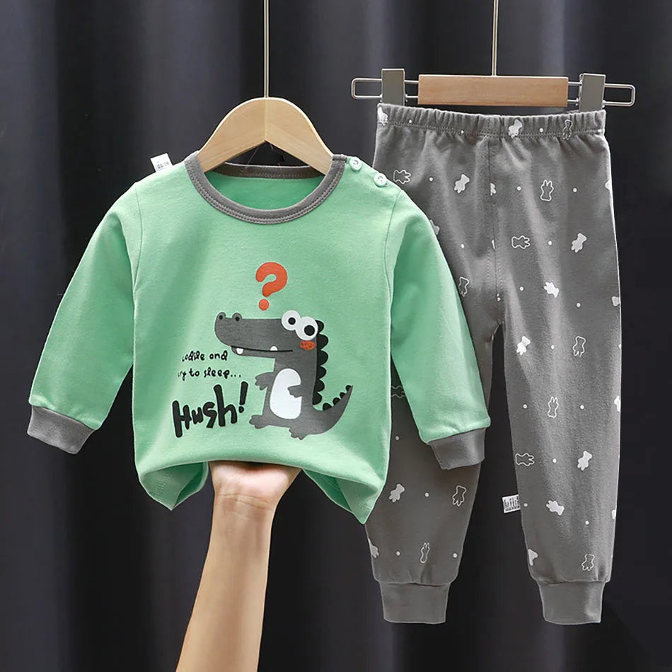 Spring Autumn Sleepwear Kids Comfort Cotton Pajamas Set Durable and Soft Unisex Cartoon Dinosaur for Boy Girl Children Clothes