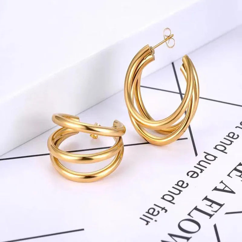 316L Stainless Steel Exaggerated Multilayer Stud Earrings For Women Fashion C Type Female Earrings Simple Girl Jewelry