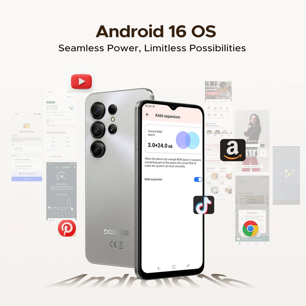 Global Version DOOGEE Note56 X Smartphone Android 16 24GB RAM(3GB+21GB) 64GB ROM 6.56'' Screen 6150mAh Battery Mobile Phone