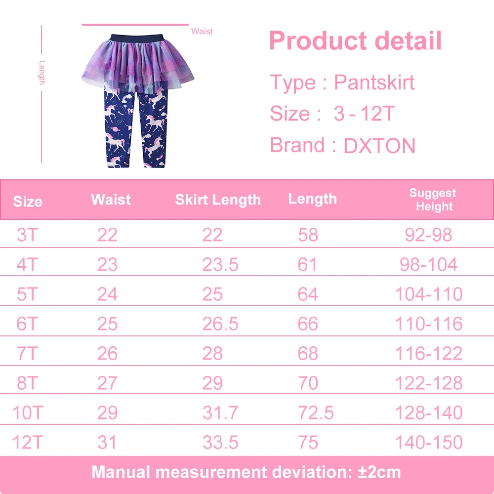 DXTON Fake 2PCS Girls Pantskirt Tulle Layer Skirts with Kids Leggings Unicorn Printed Casual Children Trousers Girls Costumes