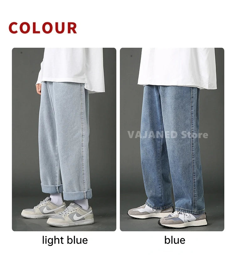 New Street Casual Baggy Jeans Men's Korean Fashion Hip Hop Straight Wide Leg  Trousers Couple Denim Pants Black Light Blue