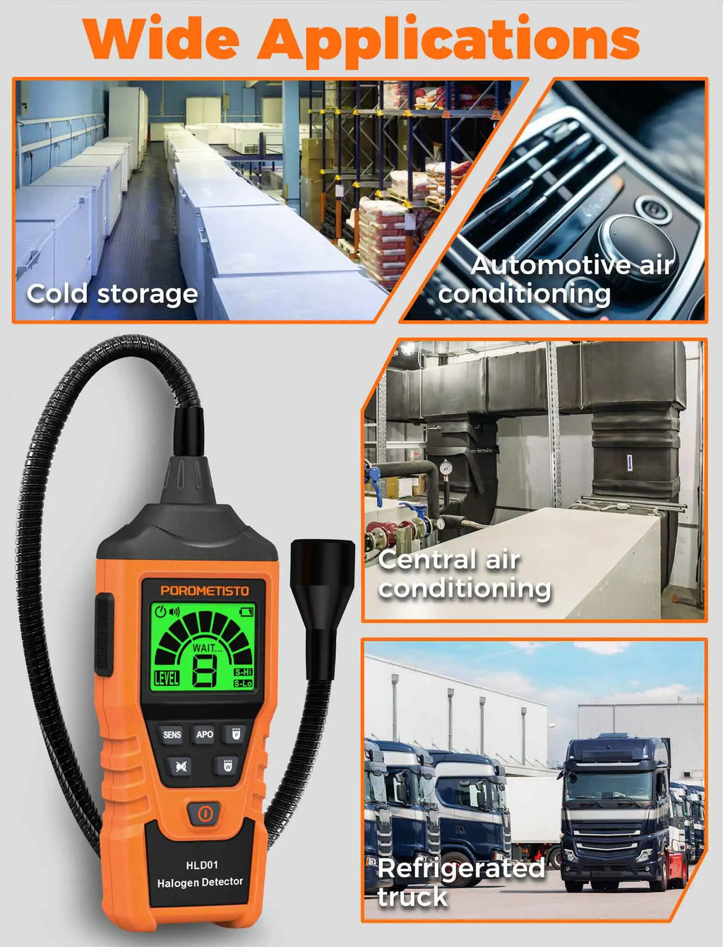 HLD01 Halogen Gas Leak Detector Rechargeable Level/Audio/Visual Alarms LED Light R134a R22 R12 High Sensitivity Gas Sensor Test