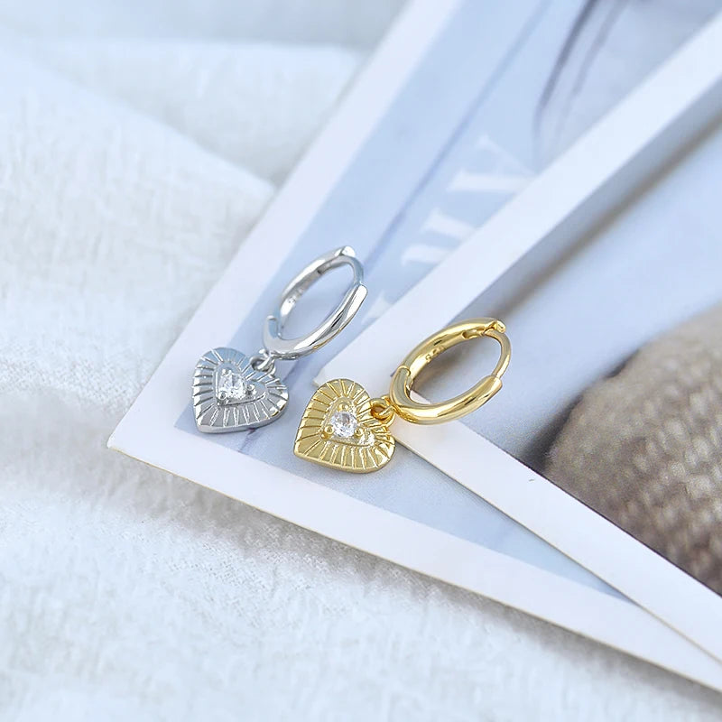 925 Sterling Silver Ear Buckle Retro Metal Heart Pendant Hoop Earrings for Women CZ Huggie Earrings Fashion Females Jewelry