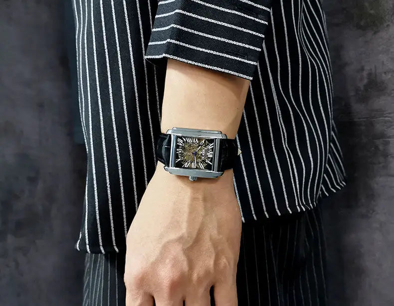 Square Skeleton Mechanical Watches for Man Luxury Business Casual Man Automatic Watch Leather Strap Gift Hand Clock for Men