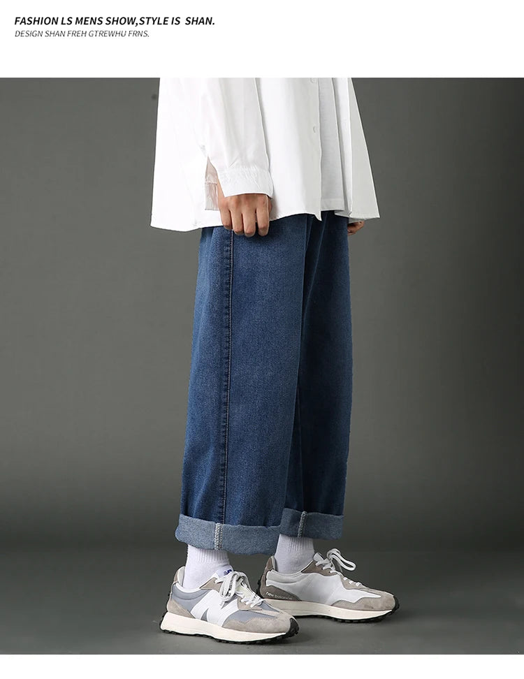 New Street Casual Baggy Jeans Men's Korean Fashion Hip Hop Straight Wide Leg  Trousers Couple Denim Pants Black Light Blue