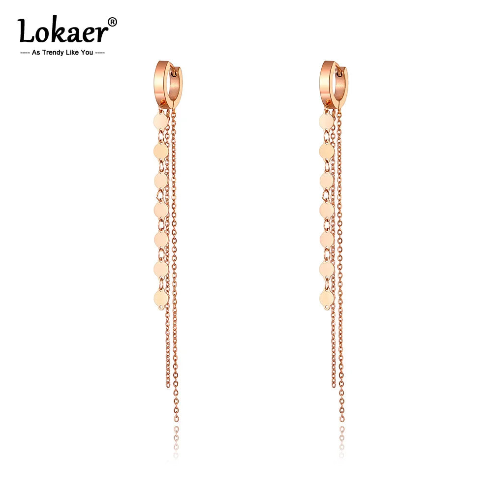 Lokaer Trendy Titanium Steel Bohemia Tassel Long Earrings Jewelry Gold Plated Office/Career Hoop Earrings For Women Girls E20288