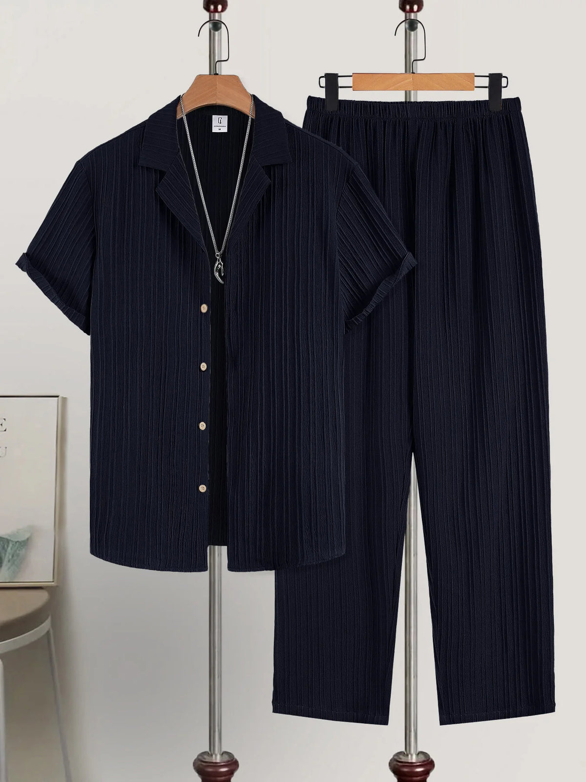 Men's Vertical Striped Texture Cuban Collar Two-Piece Set: Short-Sleeve Button-Up Shirt + Elastic Waist Straight-Leg Pants, Casual Vacation Style Summer Daily Outfit for Men
