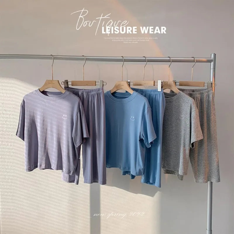 Summer Minimalist Boy Home Clothes Solid Color Loose and Comfortable Lightweight Sleepwear Casual Two-piece Set for Adults