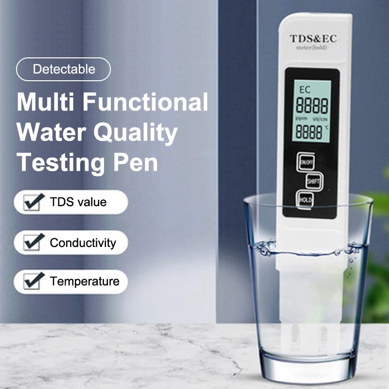 1PC White Digital Water Quality Tester TDS EC Meter Range 0 To 9990 Multifunction Water Purity Temperature TEMP PPM Tester〔YY24〕