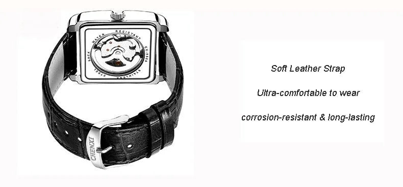 Square Skeleton Mechanical Watches for Man Luxury Business Casual Man Automatic Watch Leather Strap Gift Hand Clock for Men