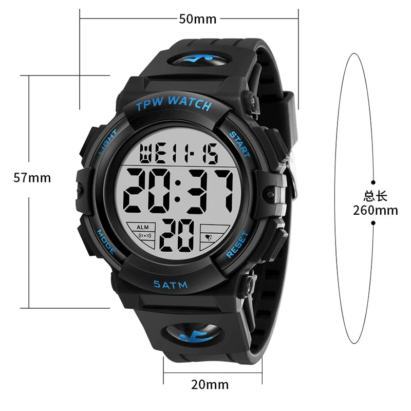 TPW Digital Watch with Big Numbers 5ATM Water Resistant Day Date Alarm Function Adventure Watch