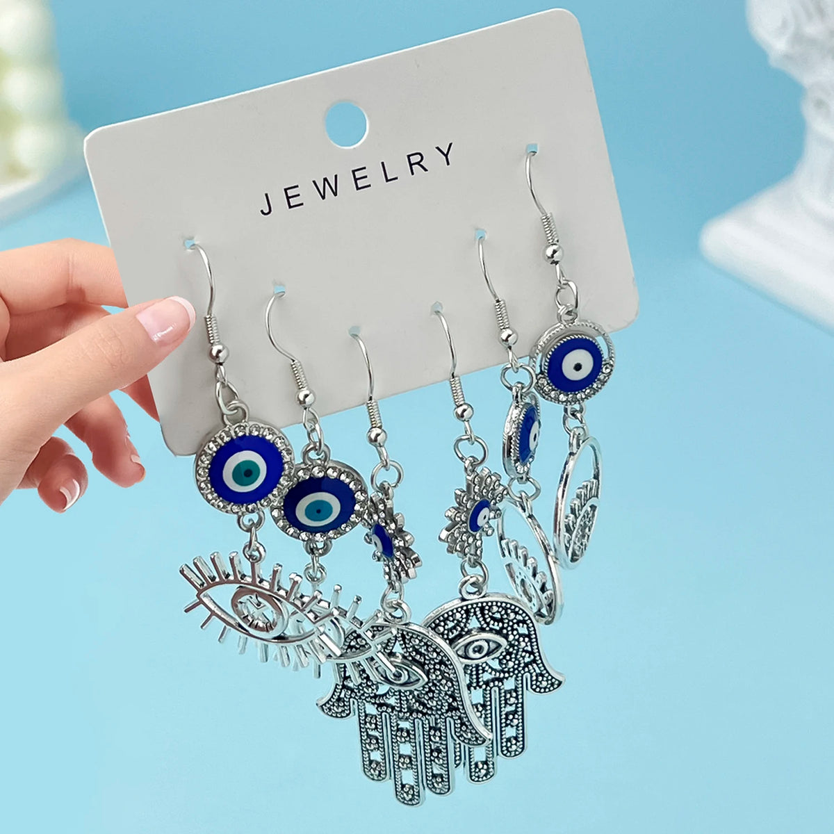 3 Pair Bohemian Vintage Silvery Color Hand Of Hamsa Devil's Eye Design Dangle Earrings Retro Ethnic Style Jewelry Accessories