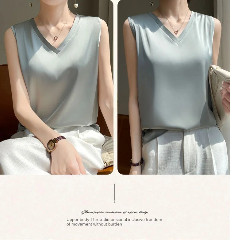 V-Neck Silk Vest Women's Summer Short Sleeved Top Acetate Satin Sleeveless Summer Shirt T-Shirt Loose Suspender Base YTM A39
