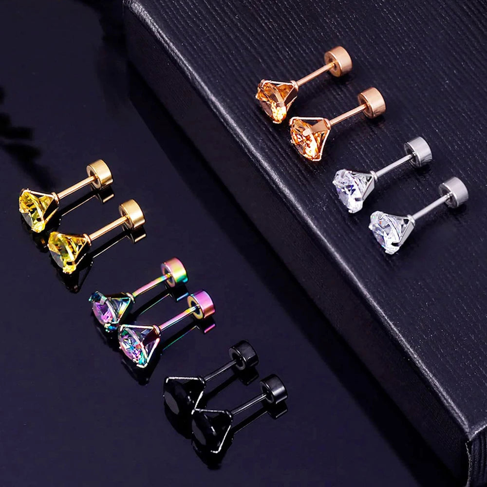 Pack of 1 Pair/5 Pairs Titanium Stainless Steel Screw Flat Back Cubic Zirconia Stud Earrings Set for Men Women 2/3/4/5/6/7/8mm