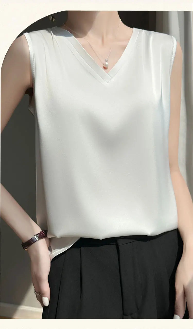 V-Neck Silk Vest Women's Summer Short Sleeved Top Acetate Satin Sleeveless Summer Shirt T-Shirt Loose Suspender Base YTM A39
