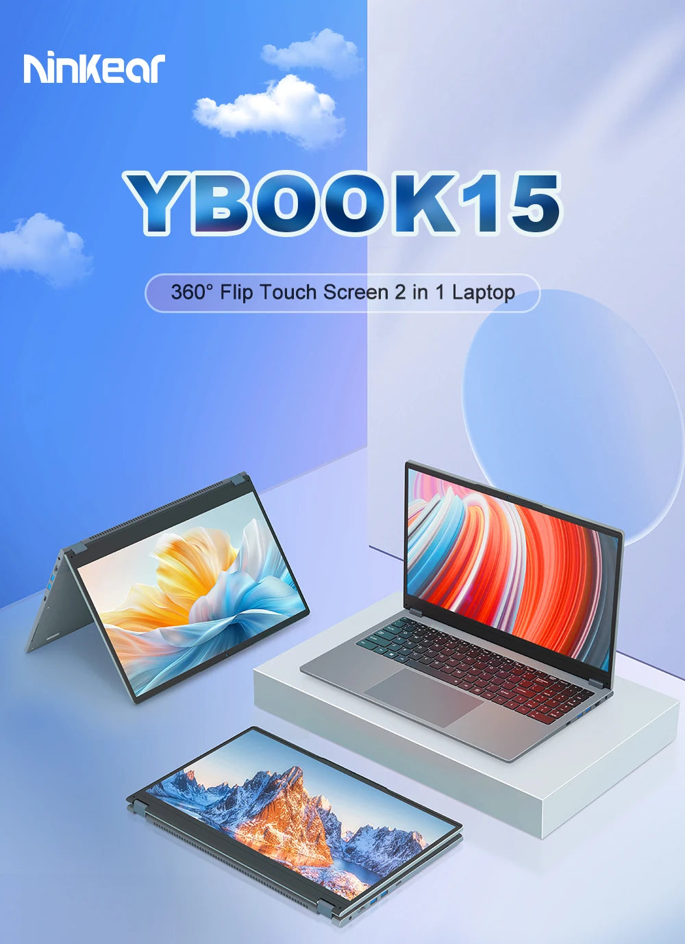 Ninkear YBook15 15.6 Inch 2 in 1 Laptop AMD Ryzen 3 3250U Notebook 16GB DDR4 512GB SSD FHD IPS Touch Screen 360° Convertible Laptop Windows 11 Backlit Keyboard for Study Office Work