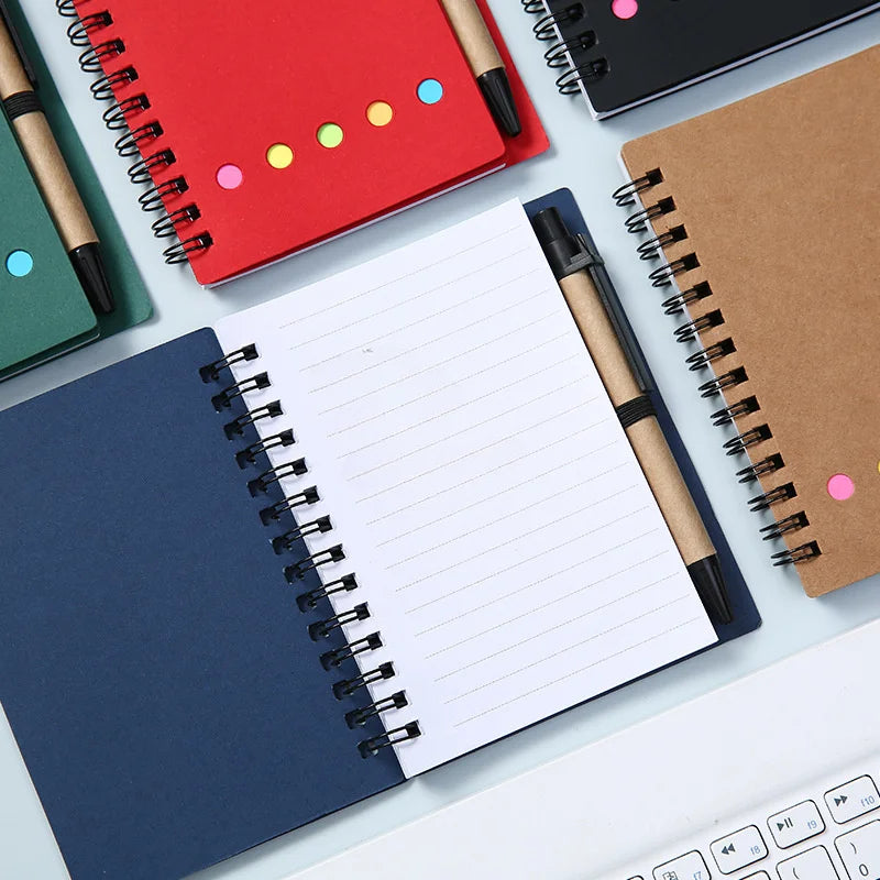 Spiral pocket notebook with pen holder, sticky notes, and colored index tags - Durable brown paper cover notebook  Easy to carry