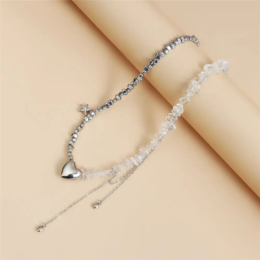 Trendy Irregular Crystal Beaded Necklace INS Style Elegant Starfish Tassel Necklace Luxury Heart Pendant Choker for Women