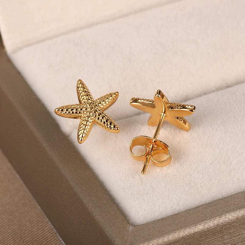 Marine Life Starfish Earrings for Women Girls Gold Color Stainless Steel Starfish Stud Earrings Summer Jewelry Seaside Gifts