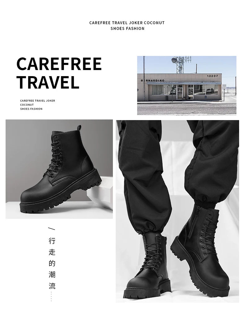Couple's casual boots four season men's and women's high top leather boots fashion thick soled non slip plus size outdoor boots