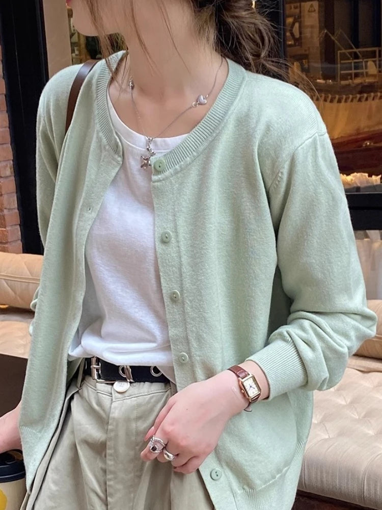 2026 Women Cardigans Sweater Casual Warm Spring Summer O-neck Long Sleeve Single Breasted Slim Fashion Korean Knitwears Tops