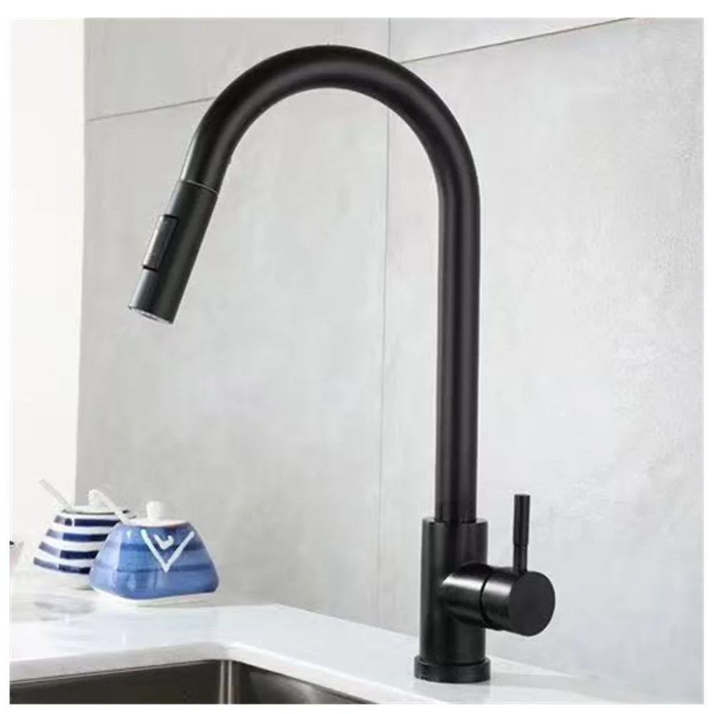 Black Kitchen Faucet Flexible Pull Out 2 Modes Nozzle Hot Cold Water Mixer Tap Deck Mounted Sprayer and Stream SUS 304 Faucets